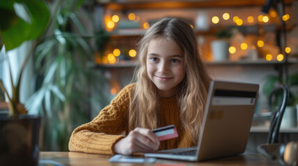 a girl sits at a laptop with a credit card for online purchases