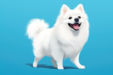 White spitz watercolor portrait painting. Illustrated dog puppy, isolated on blue background. AI Generated