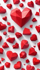 AI generated illustration of red polygonal diamond heart shapes arranged on a white background