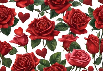 AI generated illustration of red roses and hearts adorned with leaves and petals