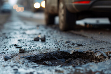 A car driving past a pothole in the road, infrastructure hazard