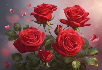 AI generated illustration of a vase brimming with vibrant red roses, adorned with love-filled hearts
