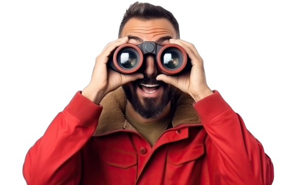 Surprised guy looking through binoculars, cut out
