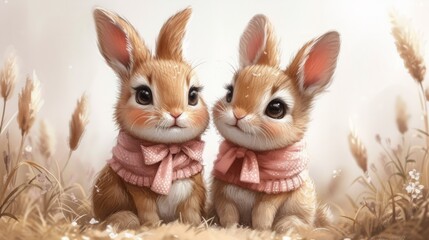 Fototapeta premium A couple of rabbits sitting next to each other