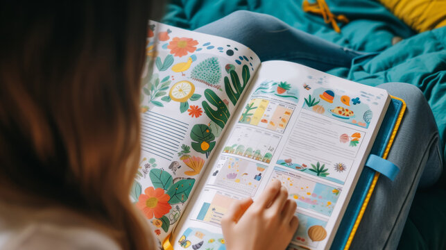 A person reading a book on a bed