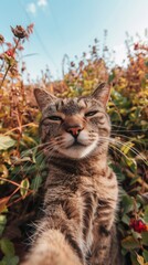 Fototapeta premium A close up of a cat in a field of flowers