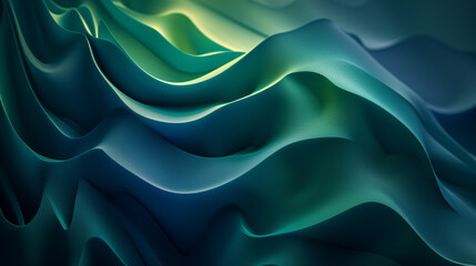 3d abstract asymmetrical shape in the form of a wave of dark green and blue gradient, wallpaper, background, digital