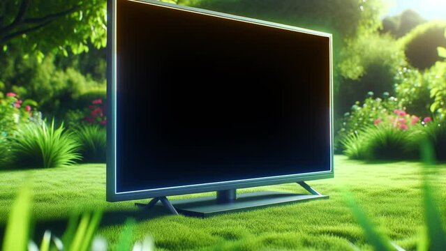 TV with black screen and neon frame. Against the backdrop of green nature.