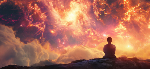Obraz premium Contemplation Under the Cosmos: Serene Meditation on a Celestial Frontier