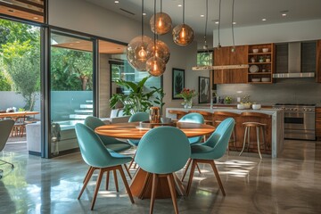 Living Room with Contemporary Interior Design. Featuring Mint-Colored Chairs and a Round Wooden Dining Table