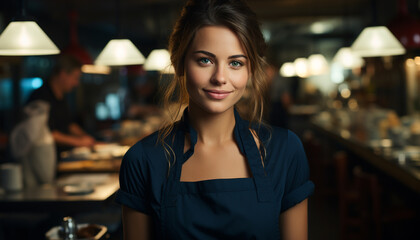 Young adult woman, smiling, looking at camera, working in coffee shop generated by AI