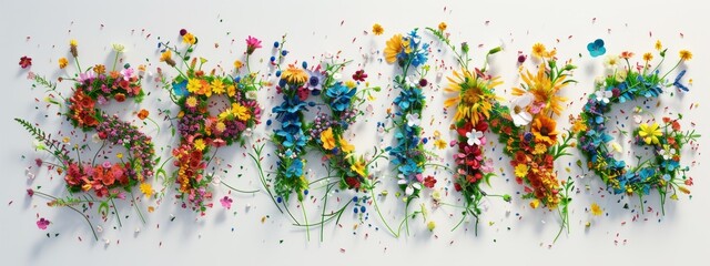 the word "SPRING" surrounded by flowers and grass Generative AI