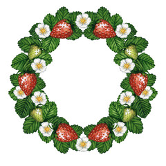 Watercolor strawberry wreath, round frame with ripe and juicy berries isolated on white. Hand drawn watercolor illustration. Ideal template for logo, banner, greeting card, invitation or menu design.