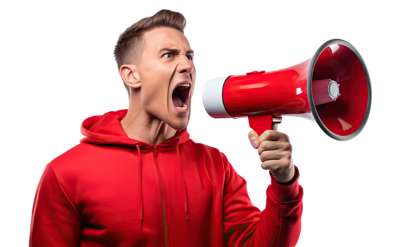 Impassioned man in red yelling into a red megaphone, cut out