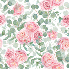 Eucalyptus and pink roses branch watercolor hand drawn floral seamless pattern. Botanical painting of greenery leaves, pink flowers. Element of wedding invitation, print, greeting, textile, packing