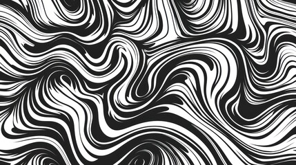 Fototapeta na wymiar A black and white 2D contour showcases waves, swirls, and twisted patterns in a trendy retro psychedelic style, producing a twisted and distorted flat texture. This simple monochrome image represents 