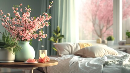 Cozy spring interior room with flowers blooming in pots