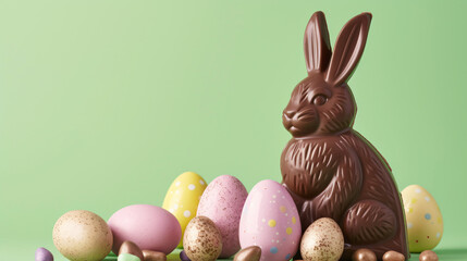 Chocolate Easter bunny next to Easter eggs on colorful background