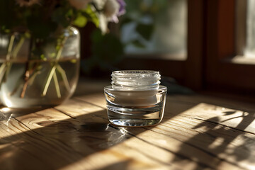 face cream in a glass jar. white texture of cream. anti age cream. Close up. AI Generated	