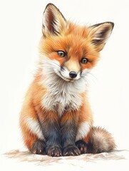 Obraz premium Colored pencil illustration featuring a lovable a fox, with a white background for isolation.