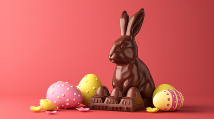 Fototapeta na wymiar Chocolate Easter bunny next to Easter eggs on colorful background