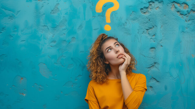 Eine Frau steht vor einer türkisen Wand und überlegt oder denkt nach und ein Fragezeichen ist über ihrem Kopf