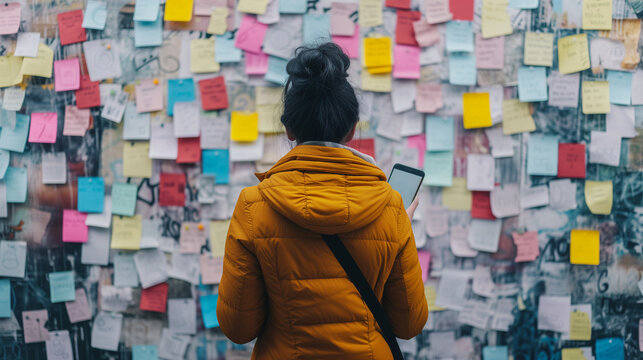 Eine Frau steht vor einer Wand voller Post it zettel und hält ein Handy oder Smartphone in der Hand es sind wohl viele Aufgaben