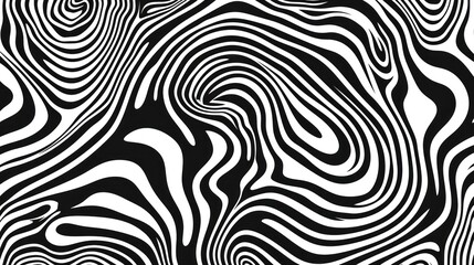 A black and white 2D contour showcases waves, swirls, and twisted patterns in a trendy retro psychedelic style, producing a twisted and distorted flat texture. This simple monochrome image represents 