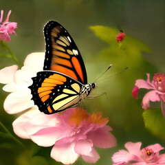 Bright butterfly on pink flowers on a green blurred background.