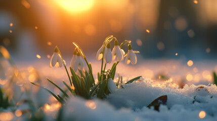spring flowers snowdrops come out from under the snow at dawn