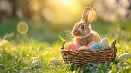 Easter bunny in a basket and painted eggs on the spring grass, the rays of the sun in the background