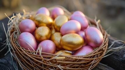 Fototapeta na wymiar a basket of gold and pink eggs sitting on top of a wooden table next to another basket of gold and pink eggs on top of a wooden table next to a black chair.