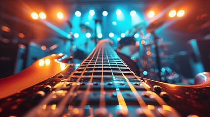 Rock 'n' Roll Revival: Guitar fretboards, drumsticks, and stage lights in a dynamic rock concert setting - obrazy, fototapety, plakaty