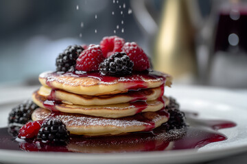Stack of pancakes with berries and maple syrup.