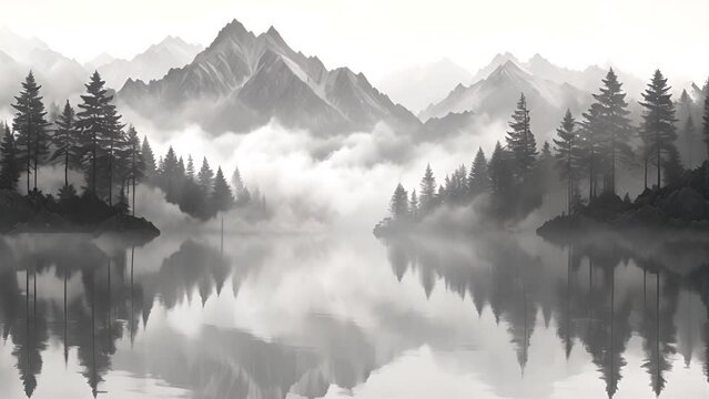 Tranquil meditative misty scenery of glacial lake with pointy fir tops reflection at early morning. Graphic EQ of spruce silhouettes on calm alpine lake horizon in mystery fog. Monochrome mountain 