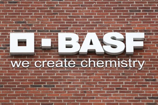 Copenhagen, Denmark - October 4, 2022: BASF logo on a wall. BASF is a German chemical company and the largest producer in the world	