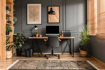 Gray Color Minimalist Scandinavian Interior Home Office Room Plants in Vase, Home Workstation Chair and Desk Couch Sofa Sunlight from window

