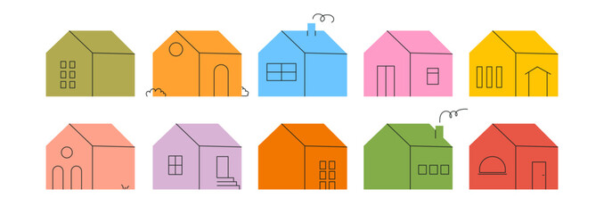 Set of simple house icons in bright color with simple black doodle lines. Contemporary trendy illustration. Vector kit of childrens pictures