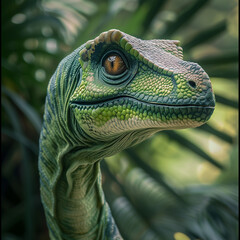 Close-Up Portrait of a Realistic Dinosaur in a Lush Environment