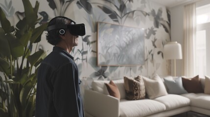 Senior man using a VR headset, deeply immersed in a virtual living room environment
