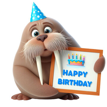Cute Animal 3D Walrus Holding 'Happy Birthday' Board and Wearing Party Cap Cartoon: Isolated on Transparent Background - Clipart PNG Sticker Design	
