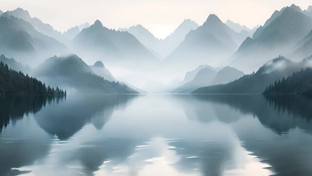Tranquil meditative misty scenery of glacial lake with pointy fir tops reflection at early morning. Graphic EQ of spruce silhouettes on calm alpine lake horizon in mystery fog. Monochrome mountain 