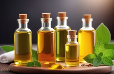 Obraz na płótnie Canvas bottles of oil with rosemary