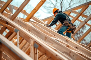 A carpenter in safety gear ascends the framework of a house under construction against a clear blue sky.