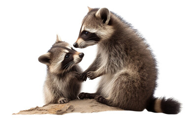 Obraz premium Raccoon plays with its cute baby raccoon, cut out