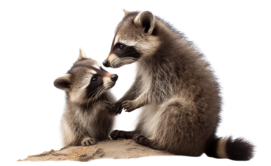 Raccoon plays with its cute baby raccoon, cut out