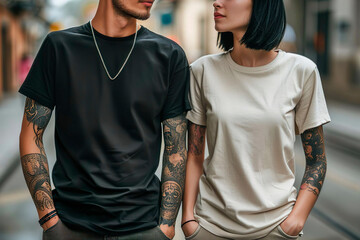 Man and woman wearing blank beige and black t-shirt