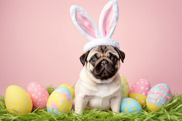 Portrait of adorable pug puppy wearing an easter bunny costume with bunny ears surrounded by easter eggs on pink background, studio shot with copy space for text, pastel colors