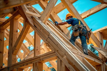 A skilled worker wearing a safety helmet and harness climbs on wooden beams while constructing a new house frame.