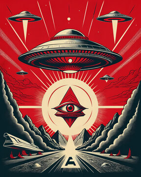 Cryptic Illuminati Scene - Retro-futuristic UFO, reptilian eye, and dystopian propaganda posters in dramatic crimson red Gen AI